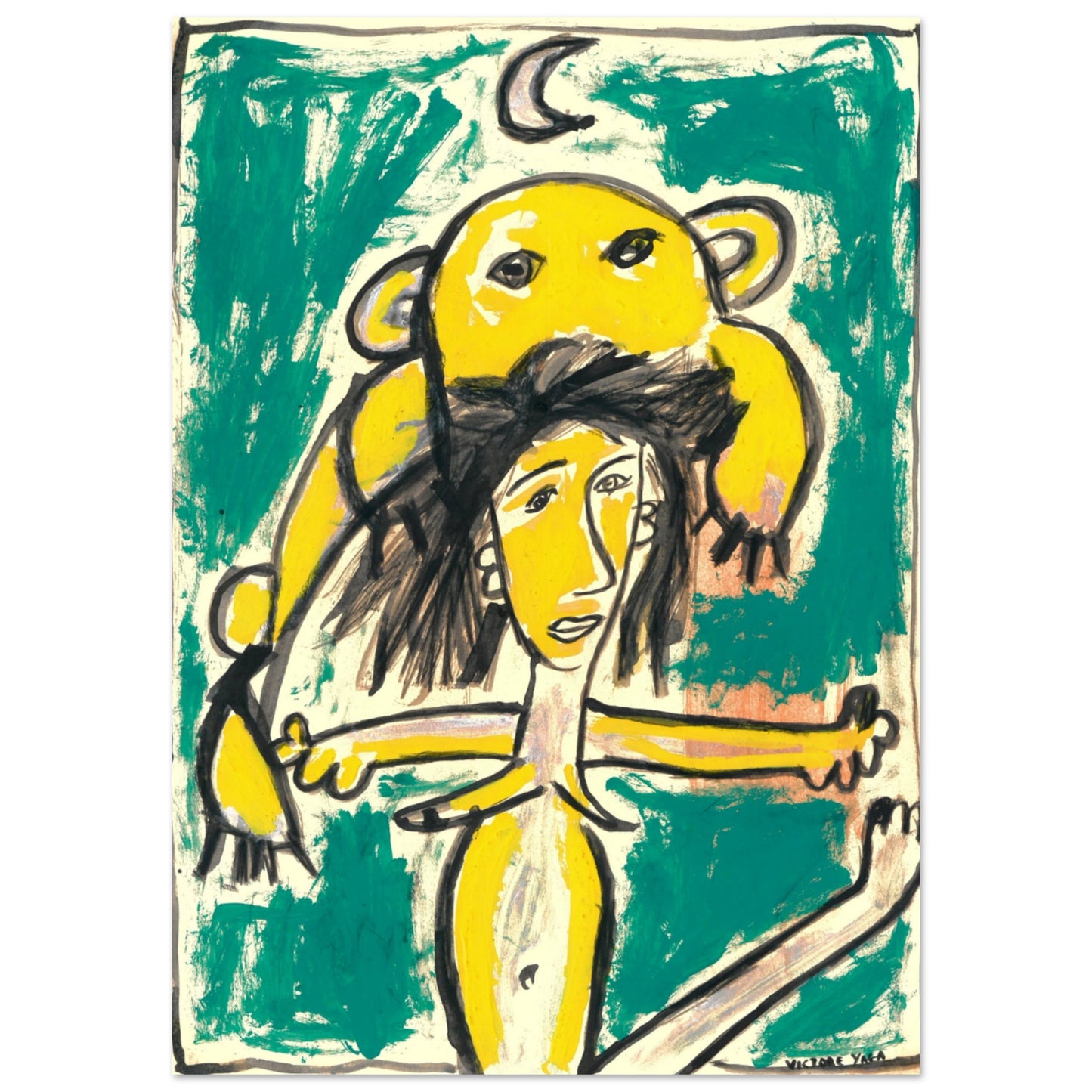 "Poster Fille et l'Ours au Croissant de Lune - Art poétique par Vivi Méduse"