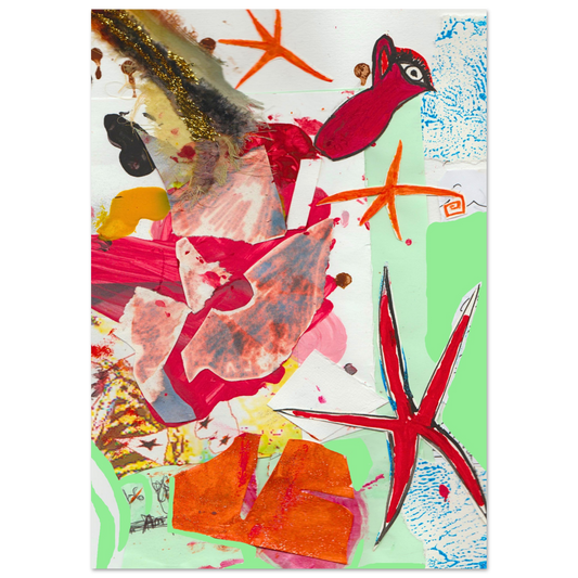 Poster Plonge - Collage art mixte tissu gouache paillettes par Vivi Méduse"